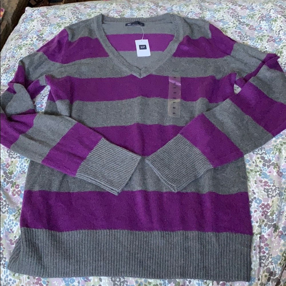 Striped gray and purple v-neck sweater